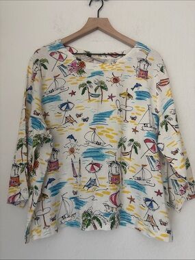 VIntage 90s HOT COTTON linen Beach Print pullover top size XL